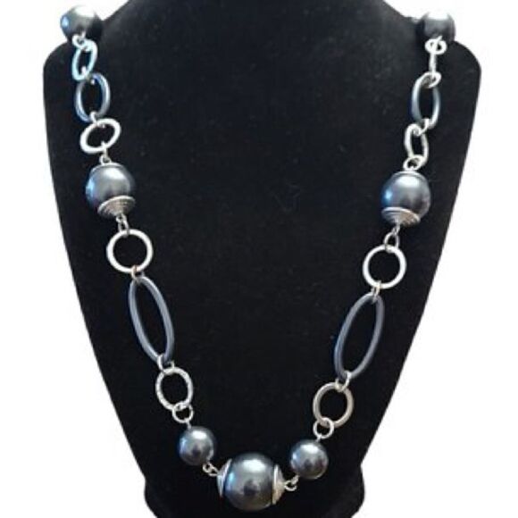 Long Silver-tone Necklace with Gray Beads & silver tone Links. 34 in. Length. - Picture 1 of 2